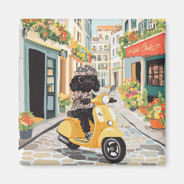 Black Doodle Riding Scooter European City Streets Magnet