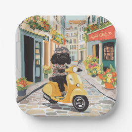 Black Doodle Riding Scooter European City Streets Pappteller