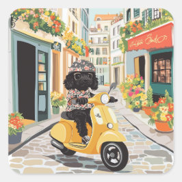 Black Doodle Riding Scooter European City Streets Quadratischer Aufkleber