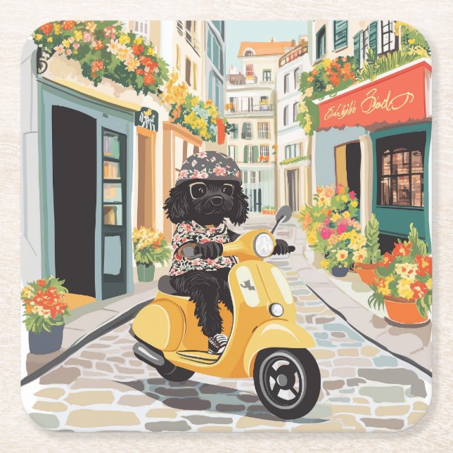 Black Doodle Riding Scooter European City Streets Rechteckiger Pappuntersetzer (Vorderseite)