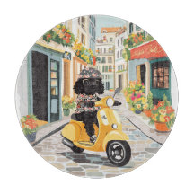 Black Doodle Riding Scooter European City Streets