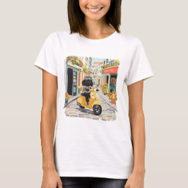 Black Doodle Riding Scooter European City Streets T-Shirt
