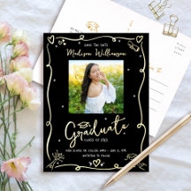 Black Doodles Graduation Save Date Photo Real Gold
