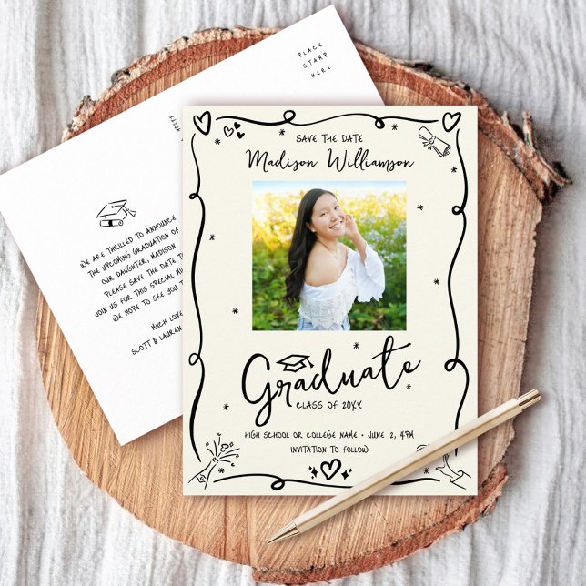 Black Doodles Graduation Save the Date Photo Cream Einladungspostkarte (Von Creator hochgeladen)