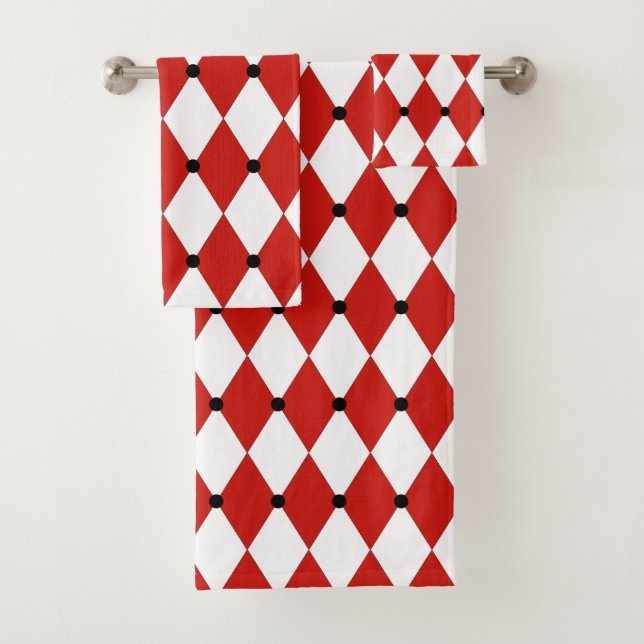 Black Dot Red und White Harlequin Badhandtuch Set (Insitu)