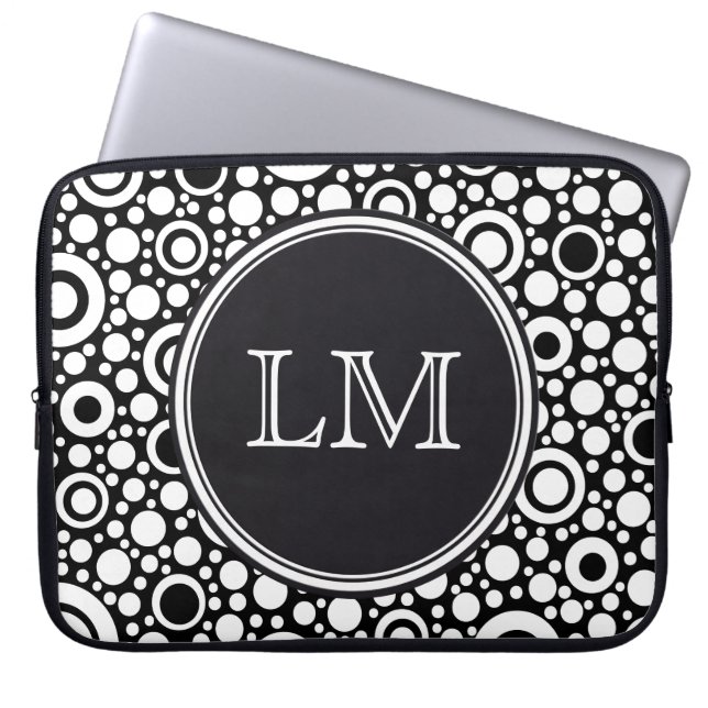 Black Dots & Circles Grid + Ihr Backgr. & Text Laptopschutzhülle (Vorderseite)