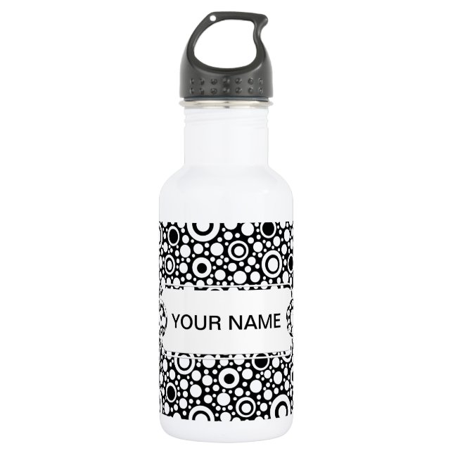Black Dots & Circles Grid + Ihr Backgr. & Text Trinkflasche (Vorderseite)