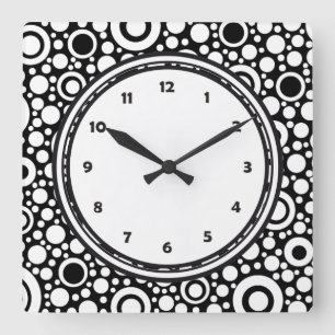 Black Dots & Circles Grid + your backgr. & text Quadratische Wanduhr