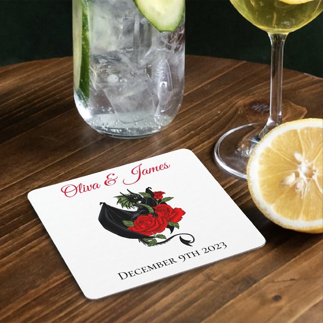Black Dragon Rote Rosen Fantasy Wedding Rechteckiger Pappuntersetzer (Von Creator hochgeladen)