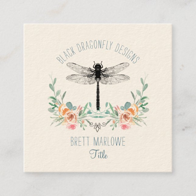 Black Dragonfly Floral Square Business Card Quadratische Visitenkarte (Vorderseite)