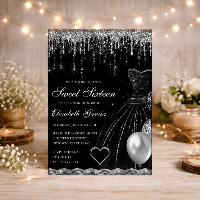 Black Dress and Silver Dripping Glitzer Sweet 16 Einladung (Von Creator hochgeladen)