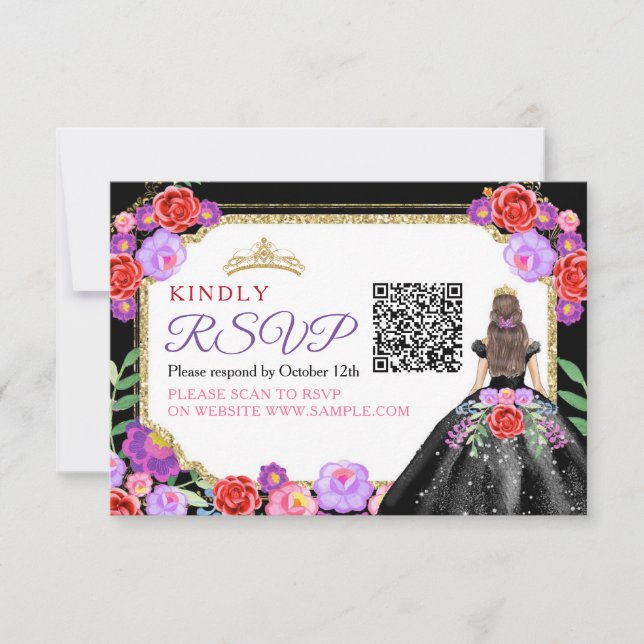 Black Dress Mexican Quinceañera QR RSVP Card Dankeskarte (Vorderseite)