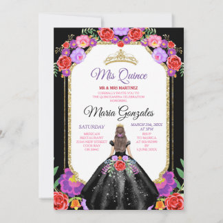 Black Dress Mis Quince 15 Anos Mexican Floral Gold Einladung