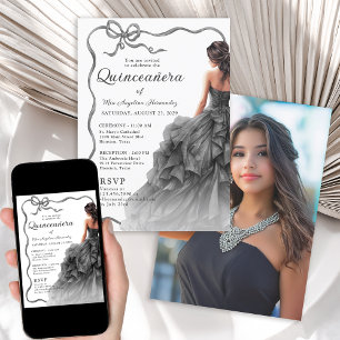 Black Dress Scalloped Ribbon Bow Quinceañera Foto Einladung