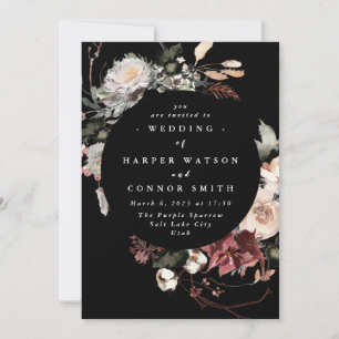 Black Dried Burgundy Rustic Florals Wedding Einladung