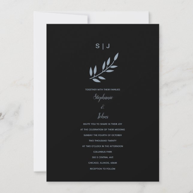 Black Dusty Blue Leaf Monogram Wedding 2024 Einladung (Vorderseite)