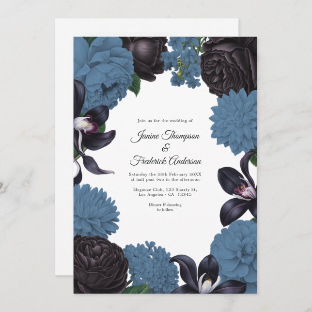 Black & Dusty Blue Photo/QR Code Floral Wedding Einladung (Vorne/Hinten)