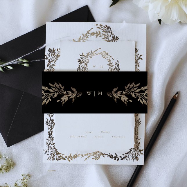 Black Ebony Botanical Gold Monogram Wedding Einladungsbanderole (Von Creator hochgeladen)