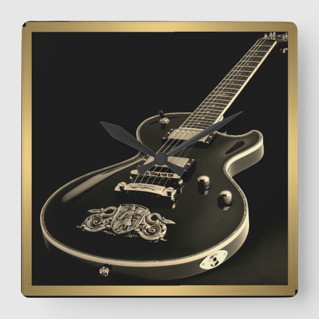 Black Electric Gitarre auf Black, Gold Trim auf ei Quadratische Wanduhr (Vorderseite)