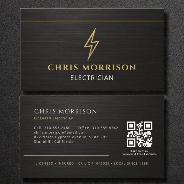 Black Electrician Metallic QR Code Visitenkarte (Von Creator hochgeladen)