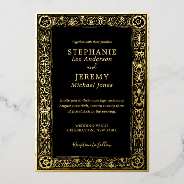 Black Elegane Luxury Romantische Hochzeit Gold Folieneinladung (Vorderseite)
