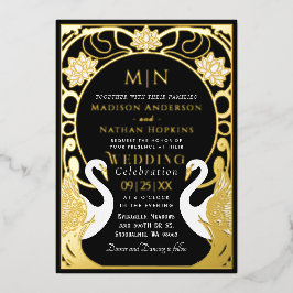 Black Elegant Art Nouveau Swans Wedding Invitation Folieneinladung
