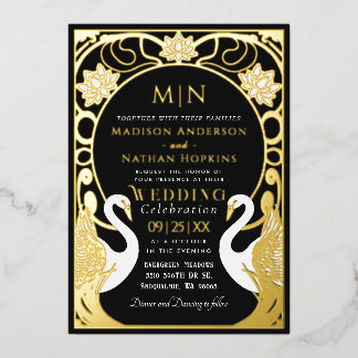 Black Elegant Art Nouveau Swans Wedding Invitation Folieneinladung