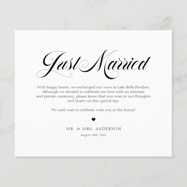 Black Elegant Bold Calligraphy Just Married Card (Vorderseite)