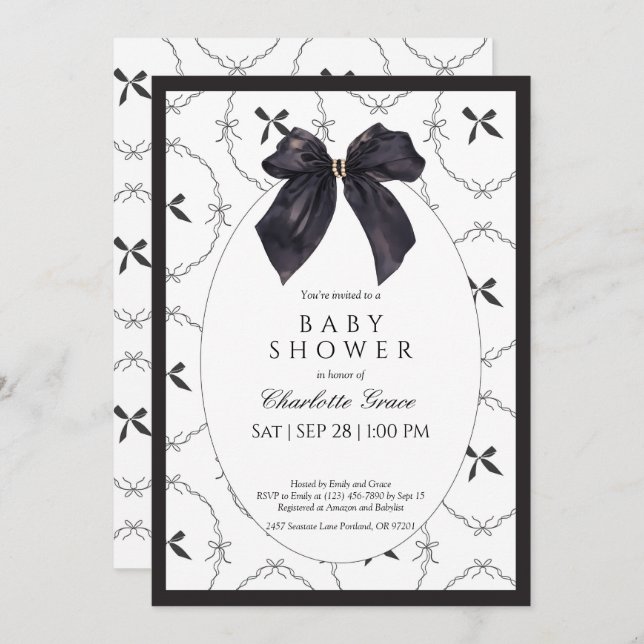 Black Elegant Bow Baby Shower Einladung (Vorne/Hinten)
