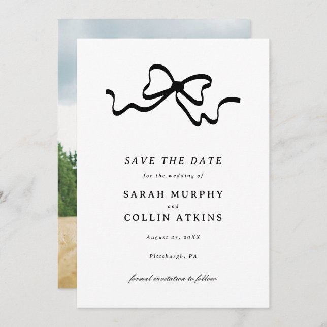 Black Elegant Bow Save the Date Einladung (Vorne/Hinten)