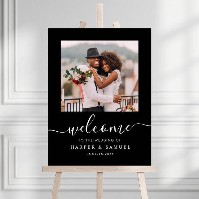 Black Elegant Calligrafy Foto Hochzeit Willkommen Poster (Von Creator hochgeladen)