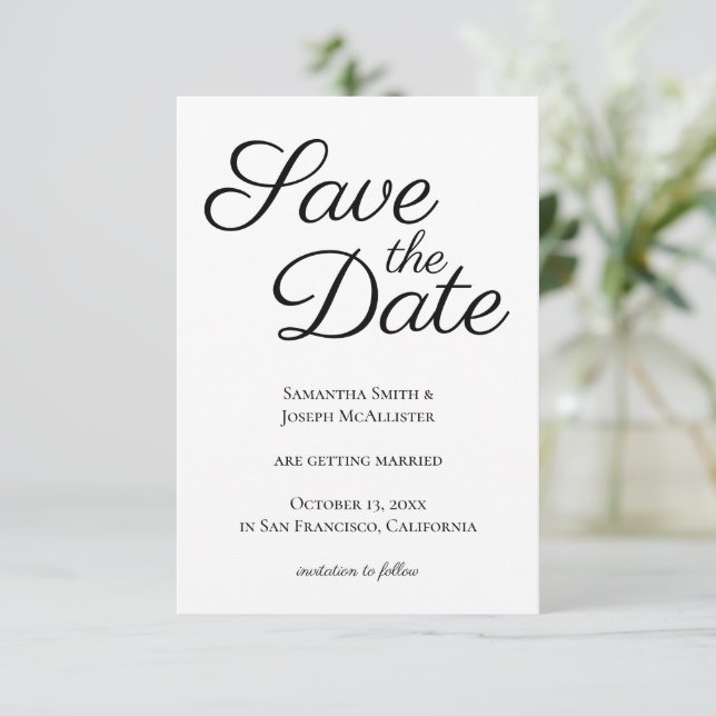 Black Elegant Calligraphy Save the Date Einladung (Stehend Vorderseite)