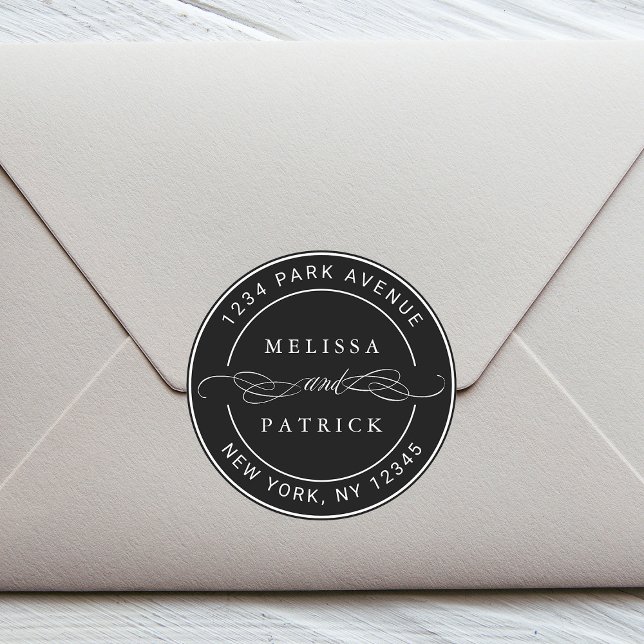 Black Elegant Couple Names Wedding Rücksendeadress Runder Aufkleber (Von Creator hochgeladen)