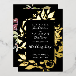 Black Elegant Floral Pressed Gold Hochzeit Folieneinladung