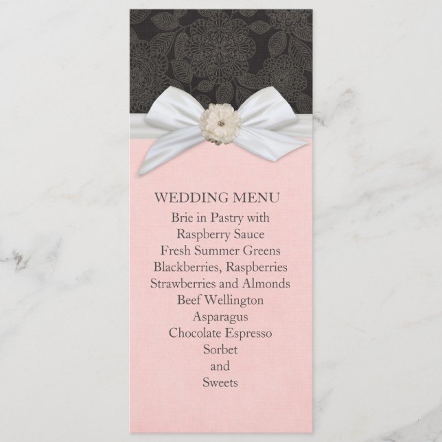 Black Elegant Floral Ribbon Damask Wedding Menu Menükarte (Vorderseite)