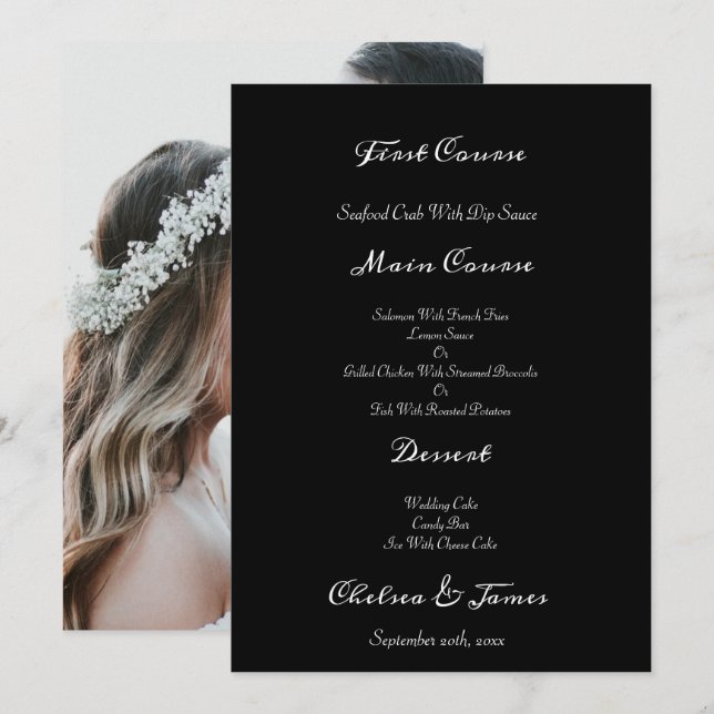 Black Elegant Foto Calligraphy Script Wedding Menükarte (Vorne/Hinten)