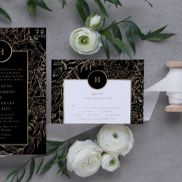 Black Elegant Gold Monogram Wreath Wedding RSVP Karte