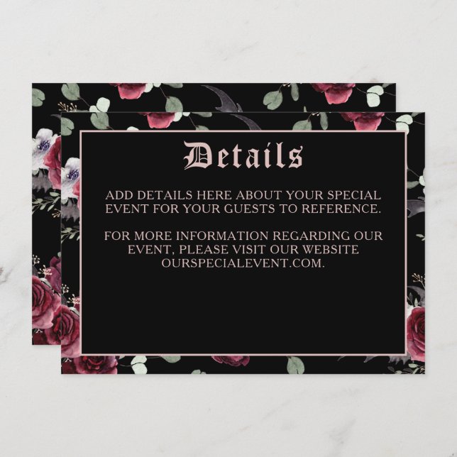 Black Elegant Gothic Bat and Rose Enclosure Card (Vorne/Hinten)