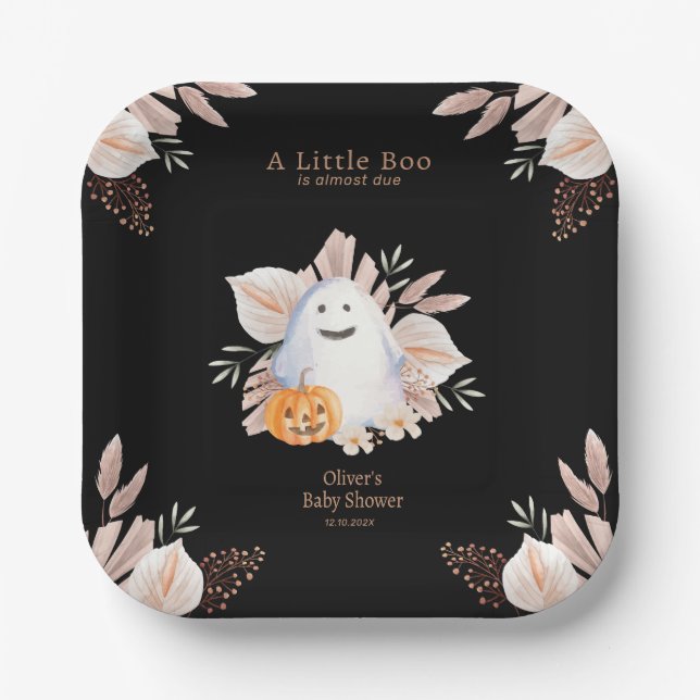Black Elegant Little Boo Boho Ghost Baby Shower Pappteller (Vorderseite)