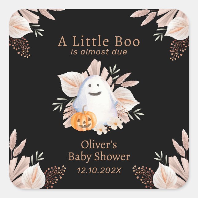 Black Elegant Little Boo Boho Ghost Baby Shower Quadratischer Aufkleber (Vorderseite)