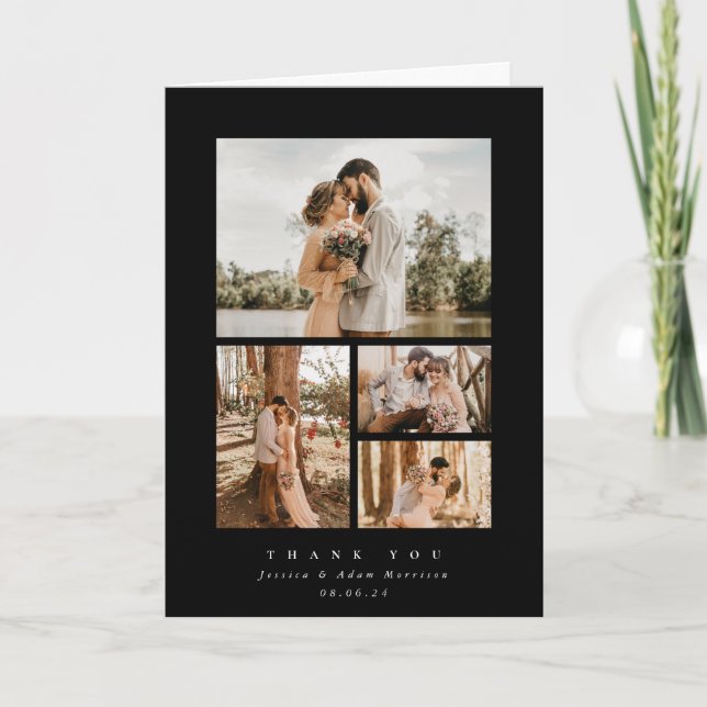 Black Elegant Minimal 4 Foto Hochzeit Dankeskarte (Vorderseite)
