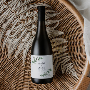 Black elegant modern eucalyptus wedding wine label weinetikett