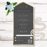 Black Elegant Modern Monogram QR All In One Einladung<br><div class="desc">ERHÄLTLICH MIT ODER OHNE QR CODE ODER MIT ODER OHNE AUSWAHL DES ABENDS. Dieses Design zeichnet sich durch einen weichen,  dunklen Kohlehintergrund aus,  der in Imitaten mit Goldfolie mit dem Monogramm der Braut und des Bräutigams ummantelt ist. Erstellt von der einfachen Farmhouse Press.</div>