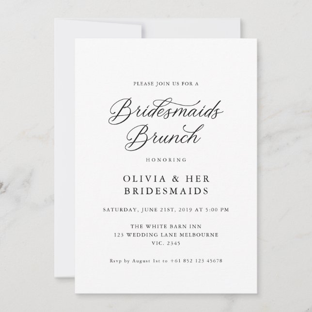 Black Elegant Modern Script Bridesmaids Brunch Einladung (Vorderseite)