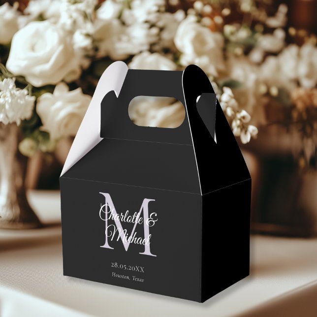 Black Elegant Monogram Wedding Geschenkschachtel (White Elegant Monogram Wedding Favor Boxes, black, light-purple, with your name and date.)