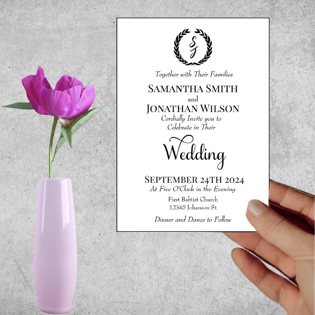 Black Elegant Monogram Wreath White Wedding Einladung (Von Creator hochgeladen)