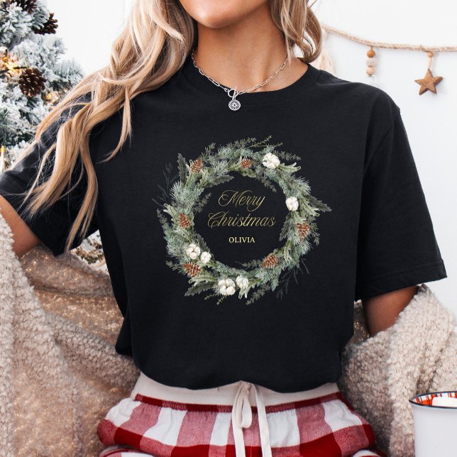 Black Elegant Pine Greenery | Gold Frohe Weihnacht Tri-Blend Shirt (Von Creator hochgeladen)