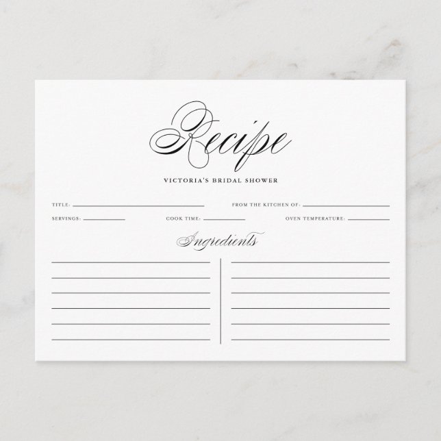 Black Elegant Script Brautparty Rezept Card Postkarte (Vorderseite)