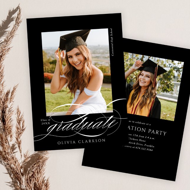 Black Elegant Script Foto Graduation Party Einladung (Von Creator hochgeladen)