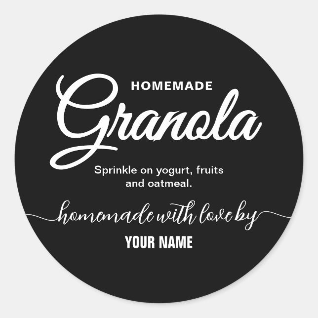 Black Elegant Script hausgemachte Granola Label Runder Aufkleber (Vorderseite)